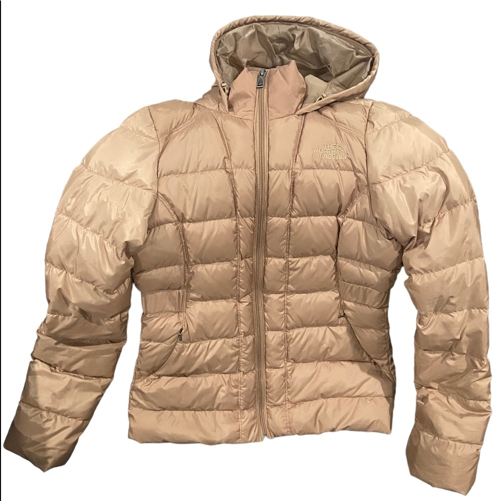 The North Face 550 tan puffer hooded jacket
